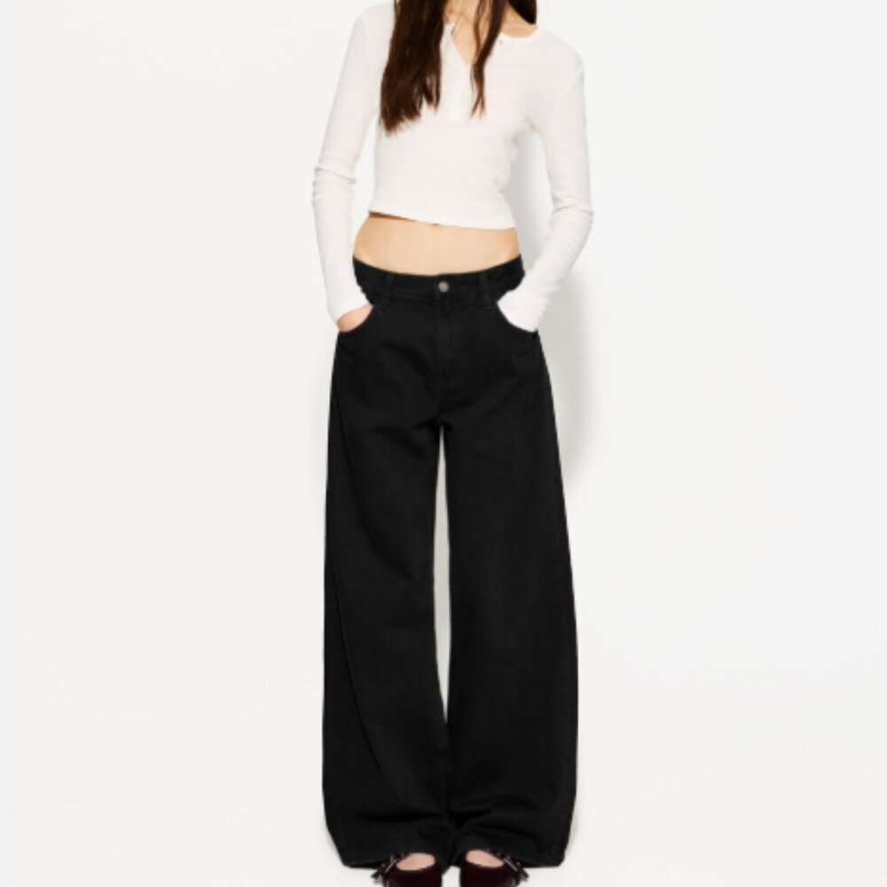 Bershka Women's Wide Leg Black Jeans Size 12